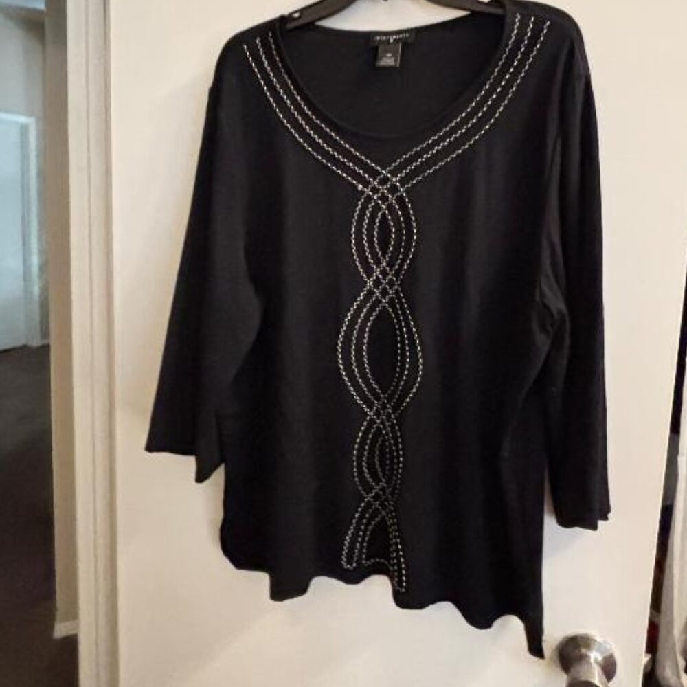 Investments II Knit Top Black w White & Black Piping 3/4 Sleeve 2X